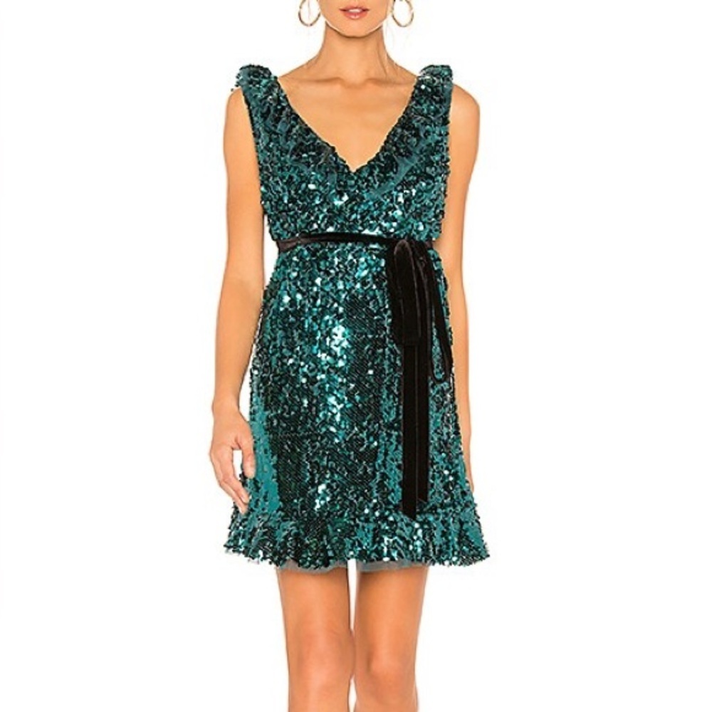 Free People Teal Sequin V-Neck Mini Party Dress with Black Velvet Tie